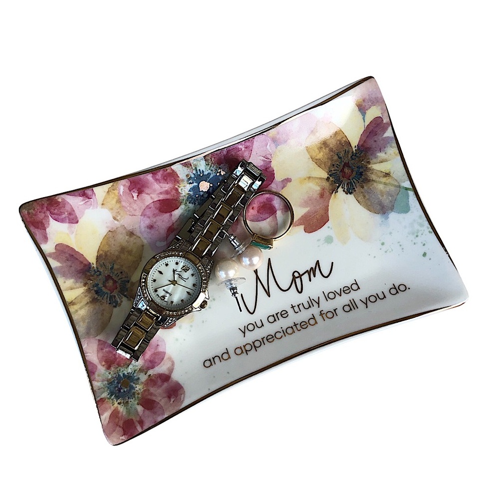 Heartfelt Collection Watercolor & Gold Best Mom Ceramic Trinket Tray 6X4 inch
